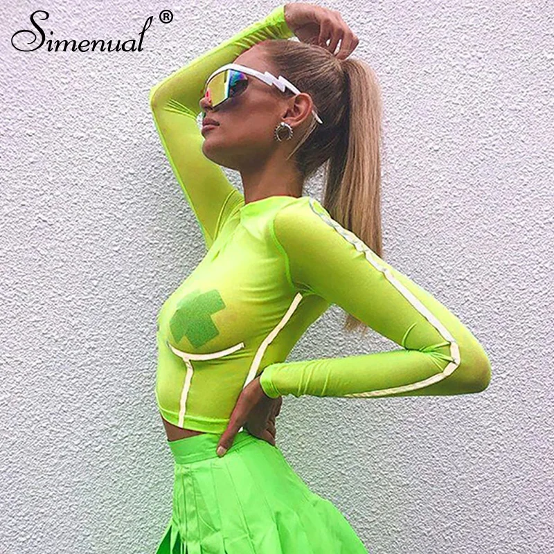 Simenual Neon Yellow Reflective Striped T Shirts Women Mesh Sexy Crop Top Transparent Long Sleeve Streetwear Tee Shirt Fashion
Simenual Neon Yellow Reflective Striped T Shirts Women Mesh Sexy Crop Top Transparent Long Sleeve Streetwear Tee Shirt Fashion