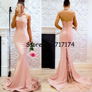 Halter Neckline Sleeveless Mermaid Lace Evening Dress with Backless Sweep Train Soft Satin Button Prom Party Dress Bridal Gown
Halter Neckline Sleeveless Mermaid Lace Evening Dress with Backless Sweep Train Soft Satin Button Prom Party Dress Bridal Gown