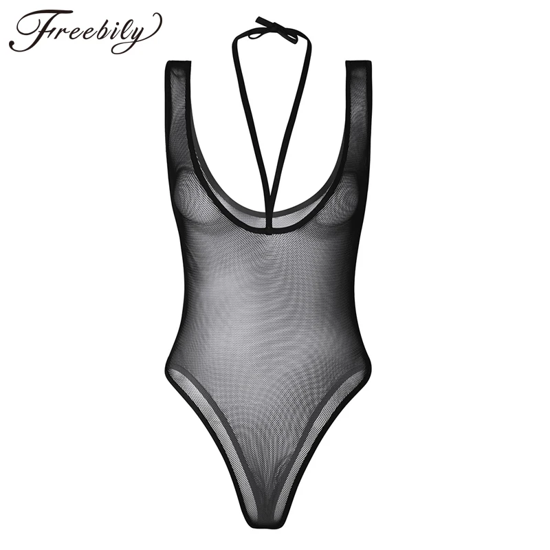 

Sexy Hot Bodystocking Women Lingerie One-piece Body Suit Sleeveless Strappy Halter Fishnet See Through Naughty Teddy Bodysuit