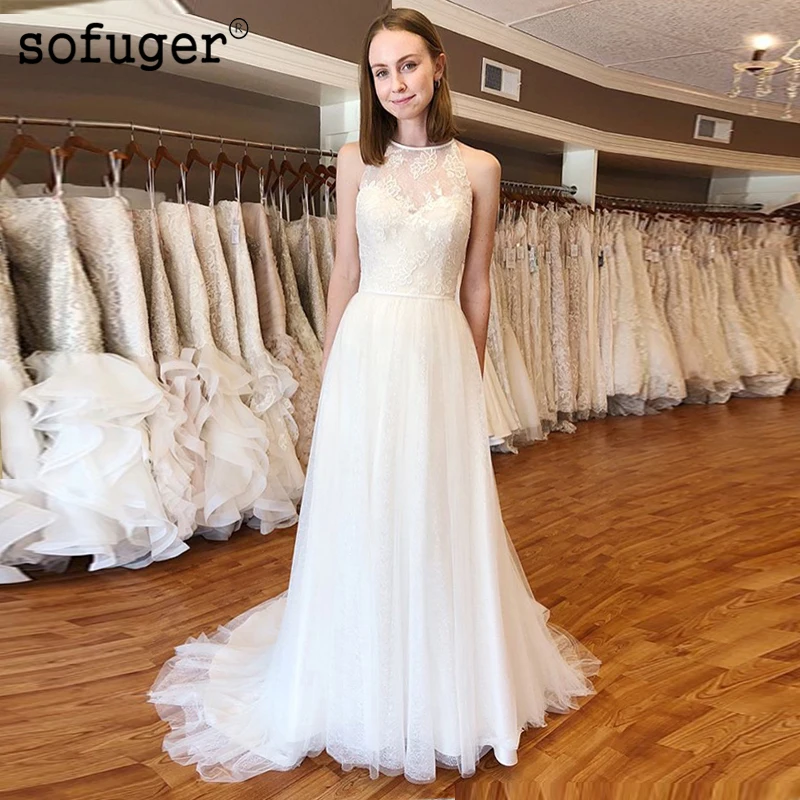 White Ivory Beach Wedding Dresses O-neck Boho A-line Bridal Dresses Lace Top Sleeves Covered Buttons Back Bridal Gowns 2019
White Ivory Beach Wedding Dresses O-neck Boho A-line Bridal Dresses Lace Top Sleeves Covered Buttons Back Bridal Gowns 2019