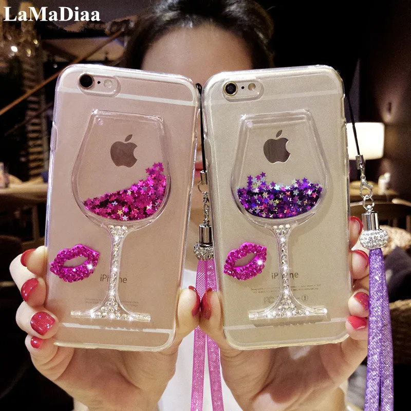 LaMaDiaa 3D Liquid Quicksand Bling Wine Glass Soft Transparent Phone Cases For SamsungS6 S7 S8 S9 S10 S20 S21 Plus Note8 9 10 20 | Мобильные