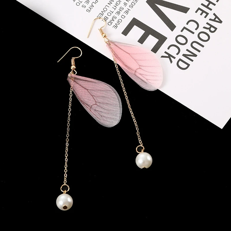 Elegant Korean Pink Butterfly Wings Drop Earrings Imitation Pearl Long Tassel For Women Jewelry Statement | Украшения и