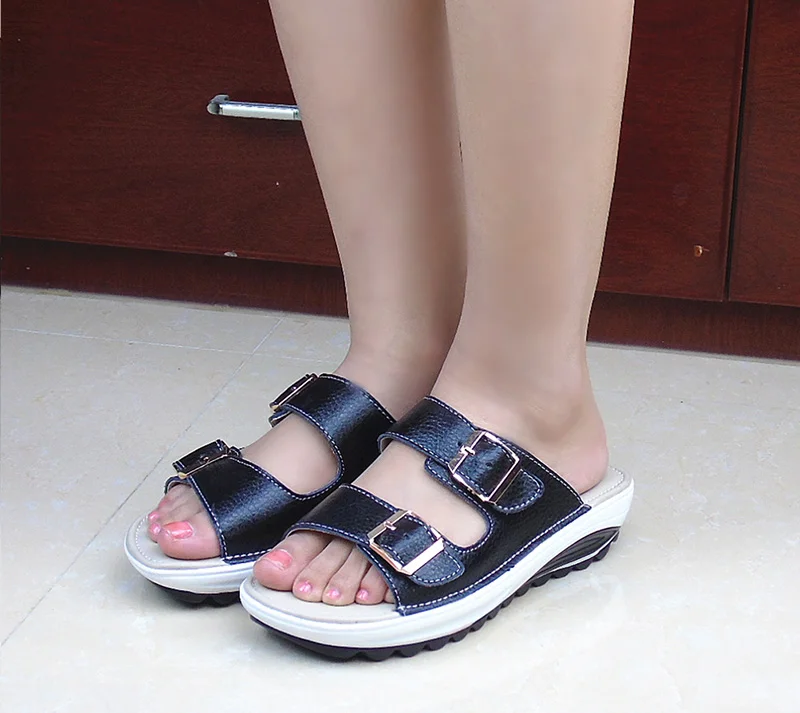 2017 Casual Women's Sandals Genuine Leather Summer Flats Shoes Women Platform Wedges Female Slides Beach Flip Flops Size 35-42 34