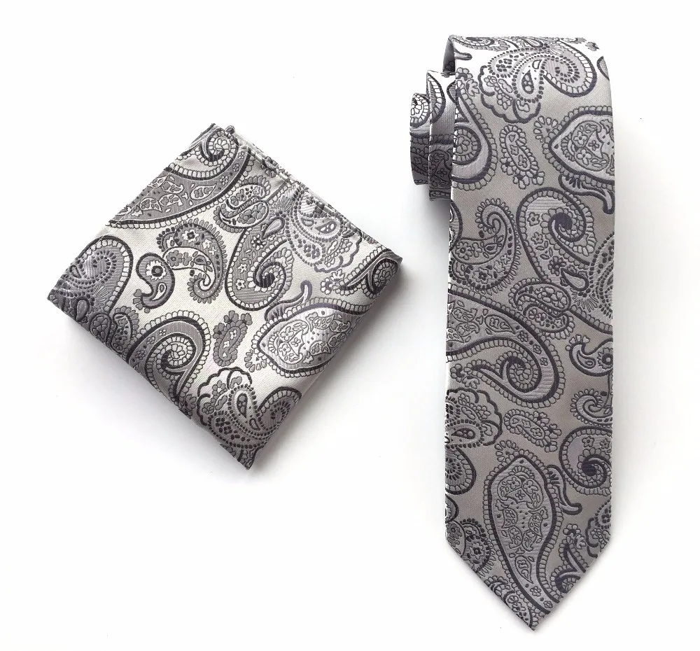 8cm Stylish Men Ties Sets Silver with Gray Classic Paisley Necktie Pocket Square to Match Dress Shirts | Аксессуары для одежды