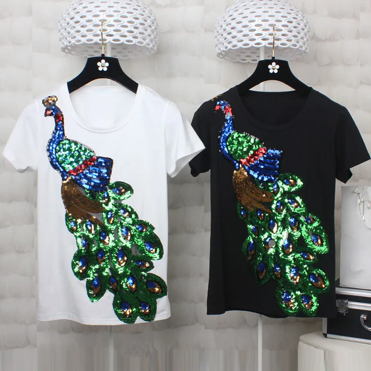 European summer sequined peacock T shirts women Hot fashion streewear Tee Shirt tops Black/white Tees D361
European summer sequined peacock T shirts women Hot fashion streewear Tee Shirt tops Black/white Tees D361