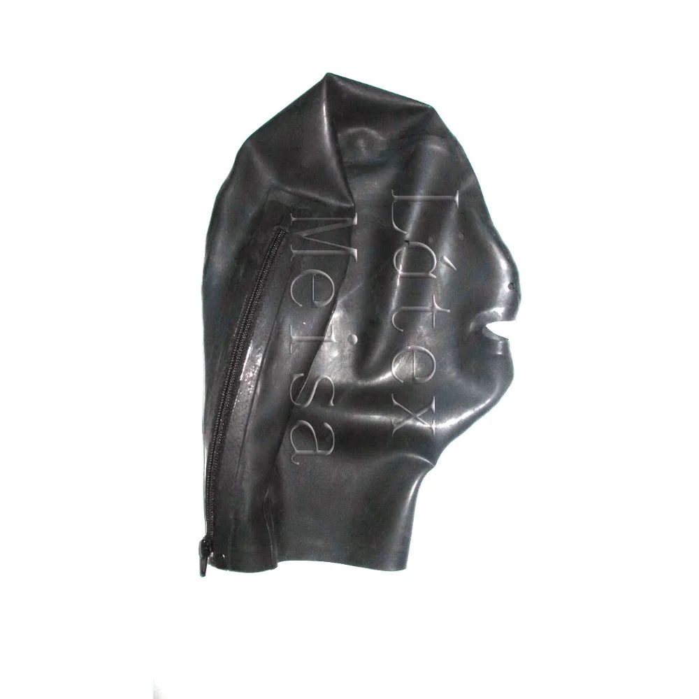 Latex hoods adult rubber masks attached mesh eyes and open nostirls in black color with back zip
Latex hoods adult rubber masks attached mesh eyes and open nostirls in black color with back zip