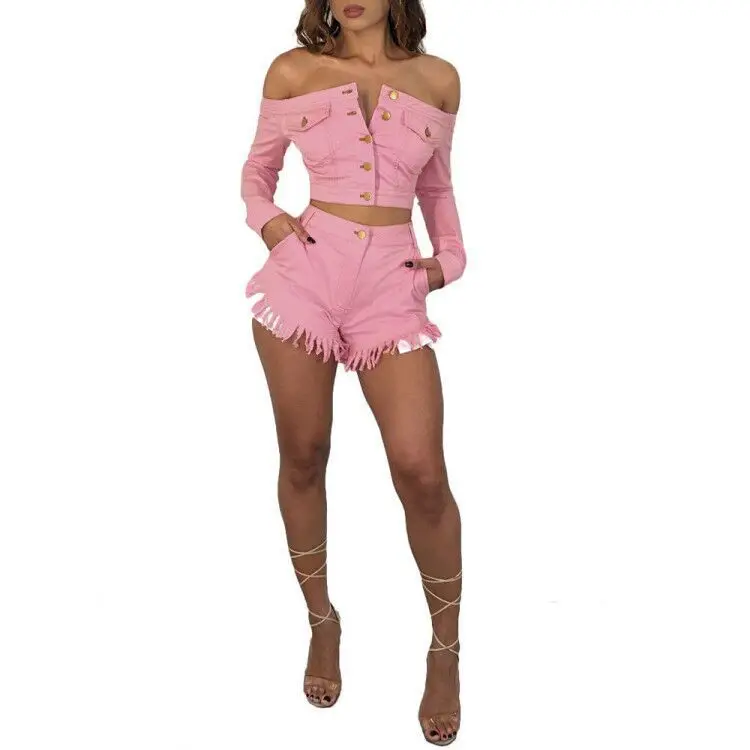 Женский комплект из двух предметов розовый джинсовый топ с открытыми плечами и