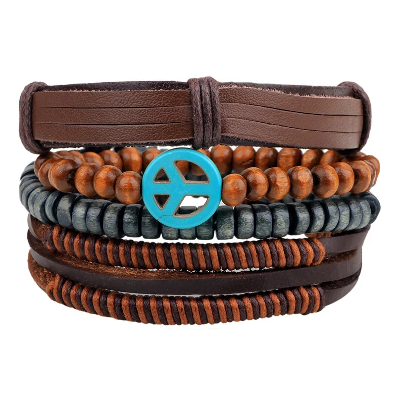 4pcs/set Handmade Boho Gypsy Hippie Brown Leather Wood Bead Blue Turquoises Peace Charm Wrap Men Layers Bracelets Women Jewelry
4pcs/set Handmade Boho Gypsy Hippie Brown Leather Wood Bead Blue Turquoises Peace Charm Wrap Men Layers Bracelets Women Jewelry