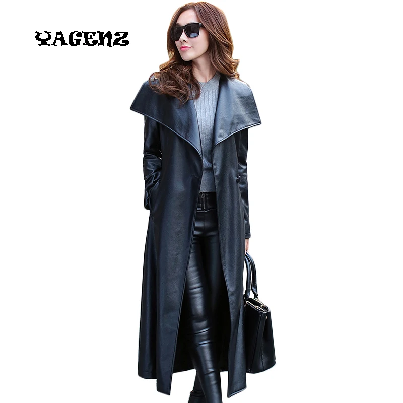 Женская Длинная кожаная куртка винтажная Черная из искусственной кожи верхняя