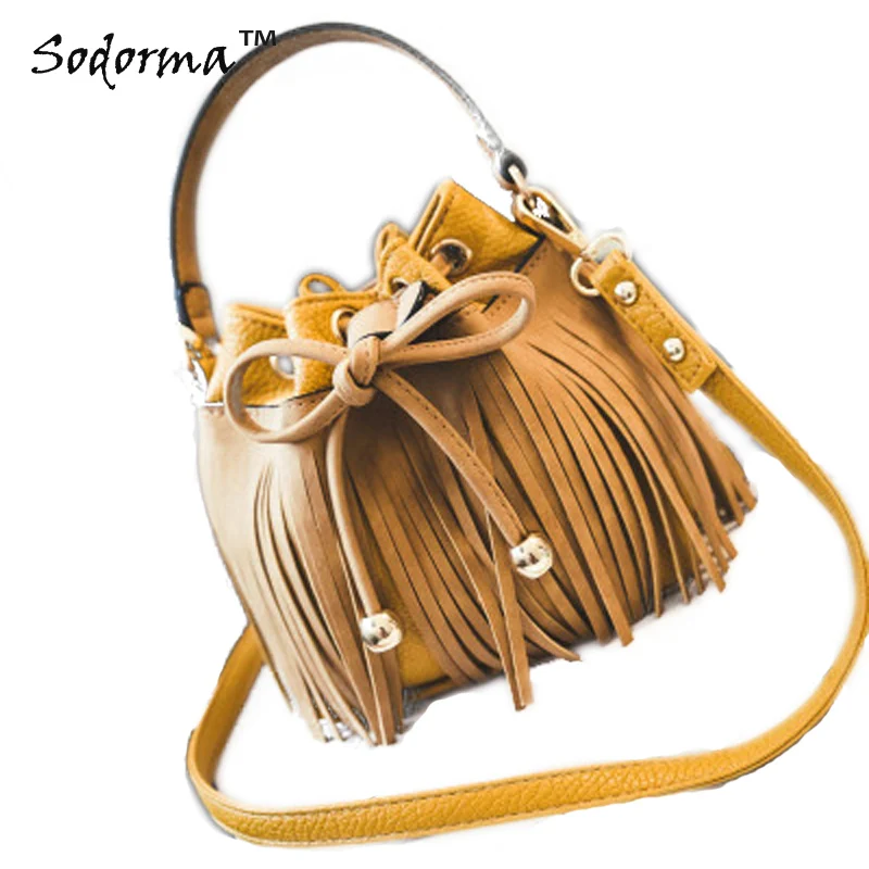 Casual style spring and summer women's handbag Tassel bucket bag messenger bag string closure
Casual style spring and summer women's handbag Tassel bucket bag messenger bag string closure