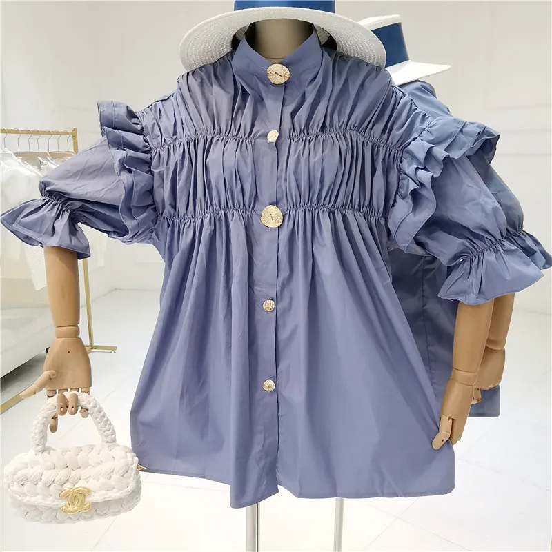 2019 New Korean Fashion Golden Button Lotus Leaf Edge Short Sleeve Shirts Fold Loose Baitao Shirts Elegant Women Shirts
2019 New Korean Fashion Golden Button Lotus Leaf Edge Short Sleeve Shirts Fold Loose Baitao Shirts Elegant Women Shirts