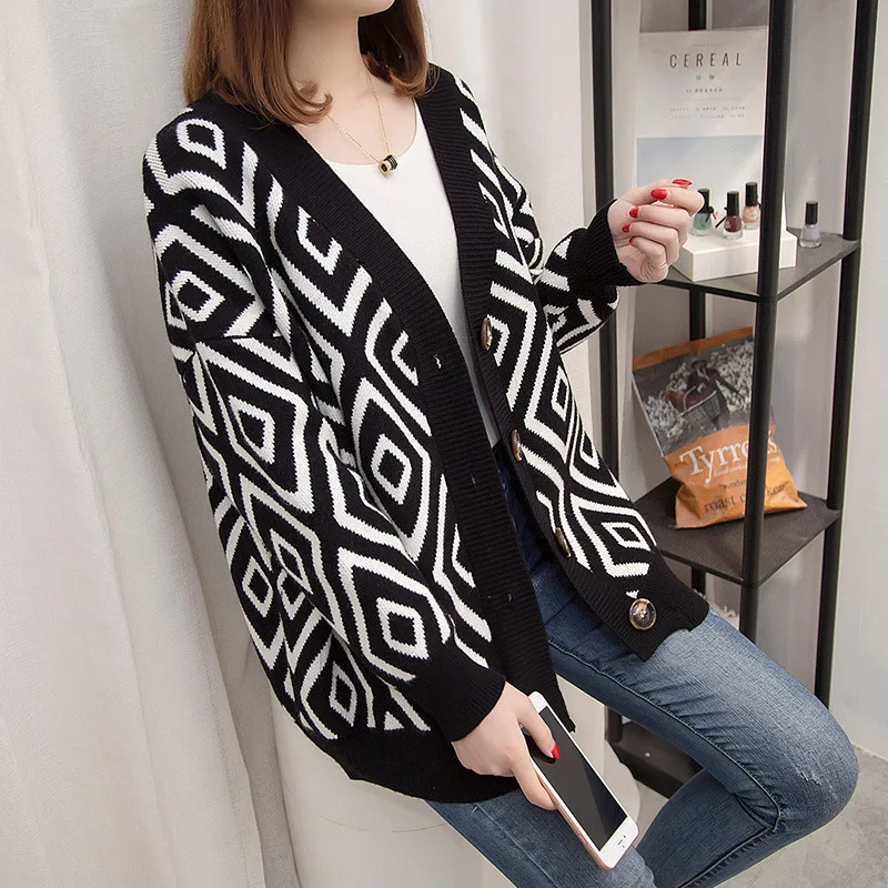 New Korean Version Knitted Sweater Female Cardigan Wool Loose Diamond Lattice Outer Shawl Spring Autumn Wear |