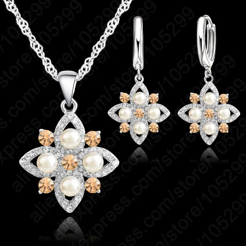 925 Sterling Silver With Pearl Austrian Crystal Necklace Earring Jewelry Set Wedding Engagement Party Jewelry For Bridal 
925 Sterling Silver With Pearl Austrian Crystal Necklace Earring Jewelry Set Wedding Engagement Party Jewelry For Bridal