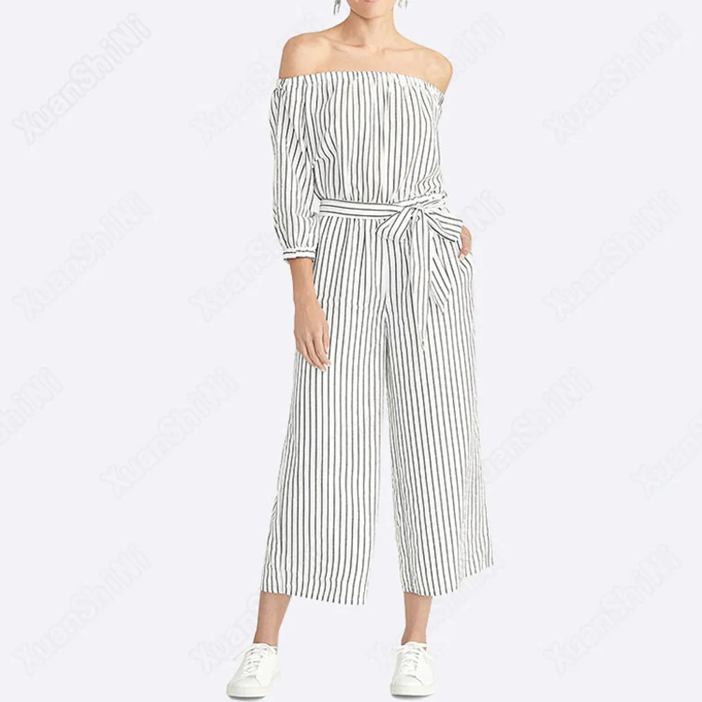 Women's Off Shoulder Striped White Slash Neck Bandage Half Sleeves Casual Long Sleeves Jumpsuit Summer Ladies Clothing Jumpsuits
Women's Off Shoulder Striped White Slash Neck Bandage Half Sleeves Casual Long Sleeves Jumpsuit Summer Ladies Clothing Jumpsuits