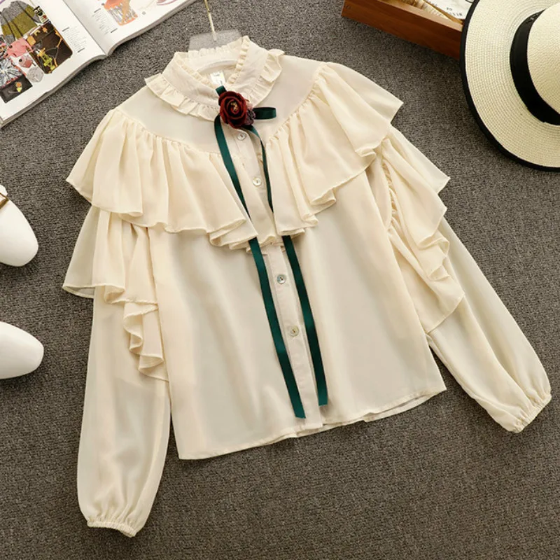 Retro 3D Roses Bow Ruffled Chiffon Blouses Chic Lotus Collar Flounce Shirts Long-sleeved Pleated Loose Cardigan Tops 2018
Retro 3D Roses Bow Ruffled Chiffon Blouses Chic Lotus Collar Flounce Shirts Long-sleeved Pleated Loose Cardigan Tops 2018