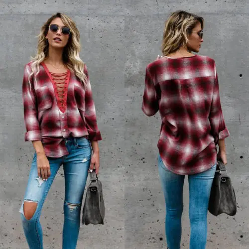 Summer Women Ladies Plaids Bandage Shirts Clothes Long Sleeve Pocket Loose Blouse Top V Neck Casual Shirt Tops
Summer Women Ladies Plaids Bandage Shirts Clothes Long Sleeve Pocket Loose Blouse Top V Neck Casual Shirt Tops