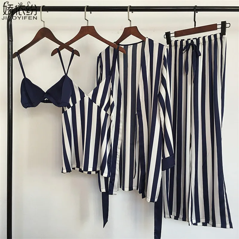Pajama set for women luxury satin sleepwear stripe comfortable home wear 4 pieces pyjamas vest+bra+coat+pants silk nightwear
Pajama set for women luxury satin sleepwear stripe comfortable home wear 4 pieces pyjamas vest+bra+coat+pants silk nightwear