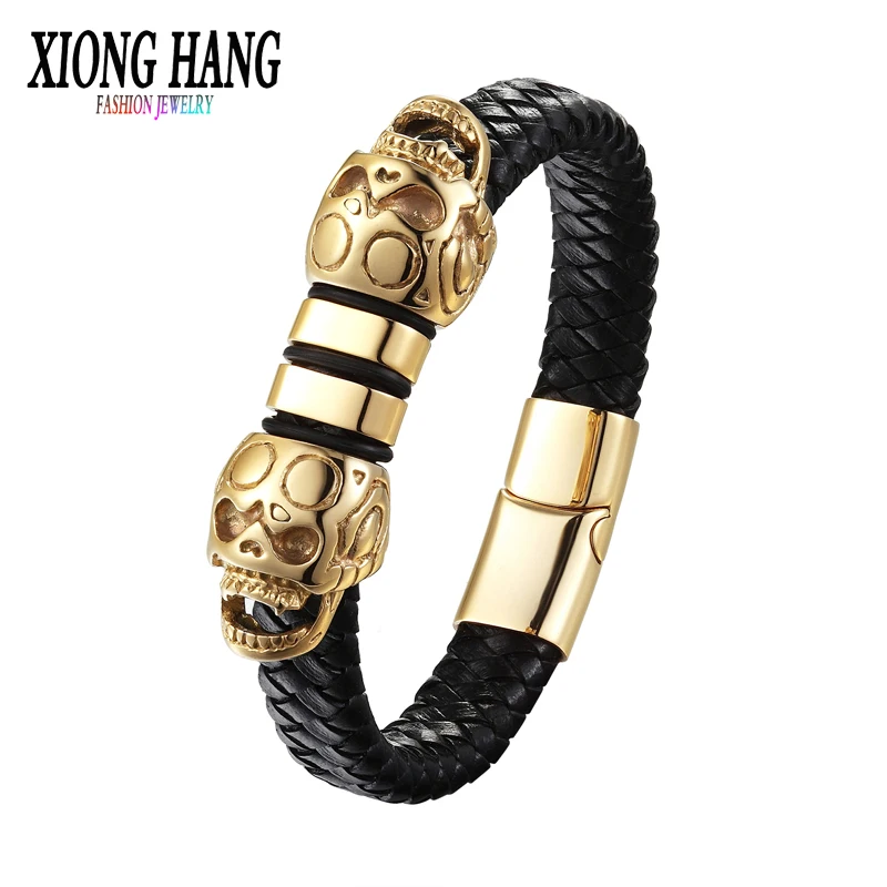 Мужской браслет XiongHang черный плетеный из нержавеющей стали с черепом и кожаной