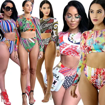 Fashion Swimwear Two-piece Set 1834 Long-sleeved O-neck Wrapped Chest Top+ Bikini Bottoms Beach Sexy 5 Style Printing
Fashion Swimwear Two-piece Set 1834 Long-sleeved O-neck Wrapped Chest Top+ Bikini Bottoms Beach Sexy 5 Style Printing