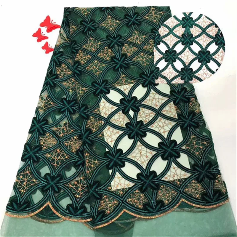 African Green Lace Wedding Dress sequins Lace Fabric 5Yard, African Wedding Lace Fabric High Quality Velvet Net Lace