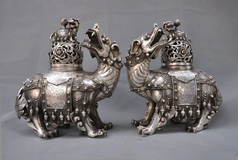 wedding decoration 12"Old Chinese Silver Fengshui Foo Dog lion Unicorn beast incense burner Censer 
wedding decoration 12"Old Chinese Silver Fengshui Foo Dog lion Unicorn beast incense burner Censer