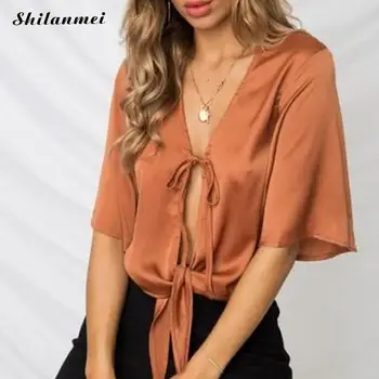 Sexy Satin Women Deep V Neck Blouse Casual Half Sleeve Hollow out Lace Up Ladies Tops 2018 Summer Shirt Slim Blusas feminina
Sexy Satin Women Deep V Neck Blouse Casual Half Sleeve Hollow out Lace Up Ladies Tops 2018 Summer Shirt Slim Blusas feminina