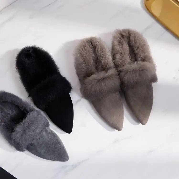 New Arrival Black Grey Brown Suede Upper Long Rabbit Hair Lining Winter Slippers Pointed Toe Flat Rubber Heel Lady Loafers Shoes
New Arrival Black Grey Brown Suede Upper Long Rabbit Hair Lining Winter Slippers Pointed Toe Flat Rubber Heel Lady Loafers Shoes
