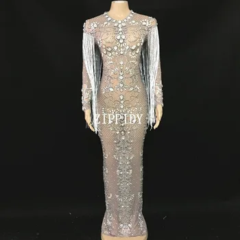Shining Black Mesh See Through Crystals Long Dress Evening Party Rhinestones Dresses Tassel Costume Fringes Dress YOUDU
Shining Black Mesh See Through Crystals Long Dress Evening Party Rhinestones Dresses Tassel Costume Fringes Dress YOUDU