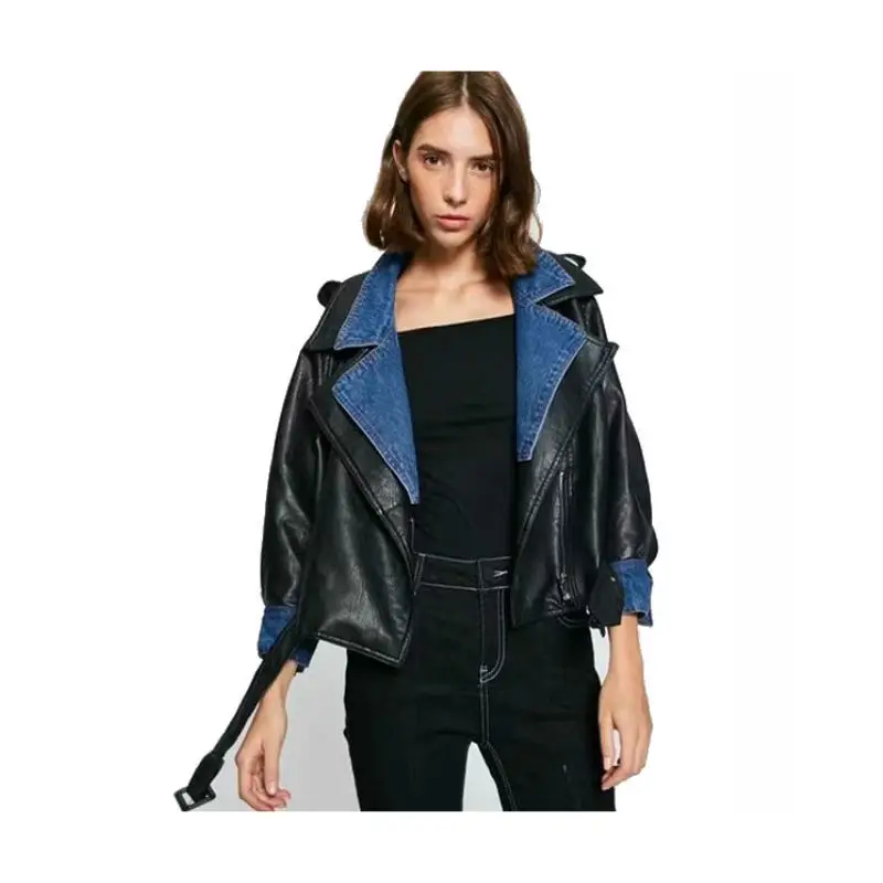2019 New Arrival Denim Collar Stitching Pu Leather Jacket Fashion Jaqueta Feminina Inverno Casacos Feminino Free Shipping
2019 New Arrival Denim Collar Stitching Pu Leather Jacket Fashion Jaqueta Feminina Inverno Casacos Feminino Free Shipping