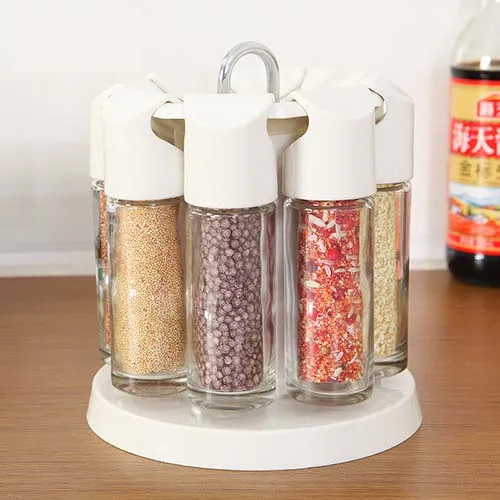 Multi-function 360 degree rotatable glass sealed condiment bottle set seasoing box 16*16*18cm