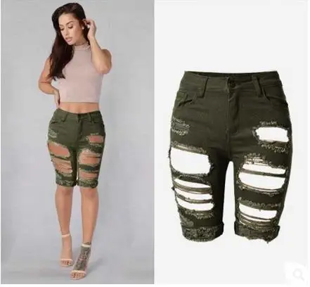 2019 Womens Hole Stretch Knee Length Shorts Large Size Fashion Army Green Ripped Slim Shorts For Female High Waist Short K233
2019 Womens Hole Stretch Knee Length Shorts Large Size Fashion Army Green Ripped Slim Shorts For Female High Waist Short K233