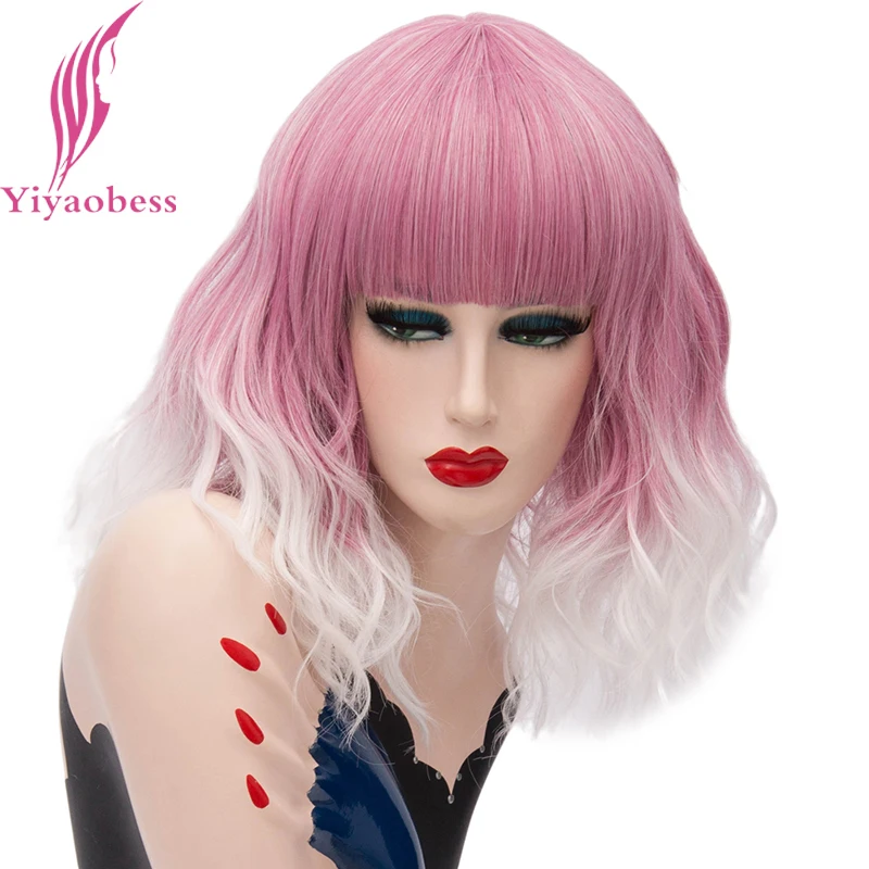 

Yiyaobess 16inch Synthetic Short Wavy Cosplay Wig With Bangs Natural Brown Purple Pink Ombre Hair Woman Wigs For Halloween Party