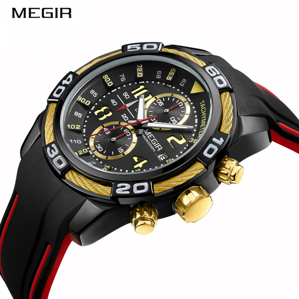 MEGIR 2045 Men's Sport Watch Chronograph Army Military Watches Clock Men Quartz Wrist Watches For Men with Silicone Watch band