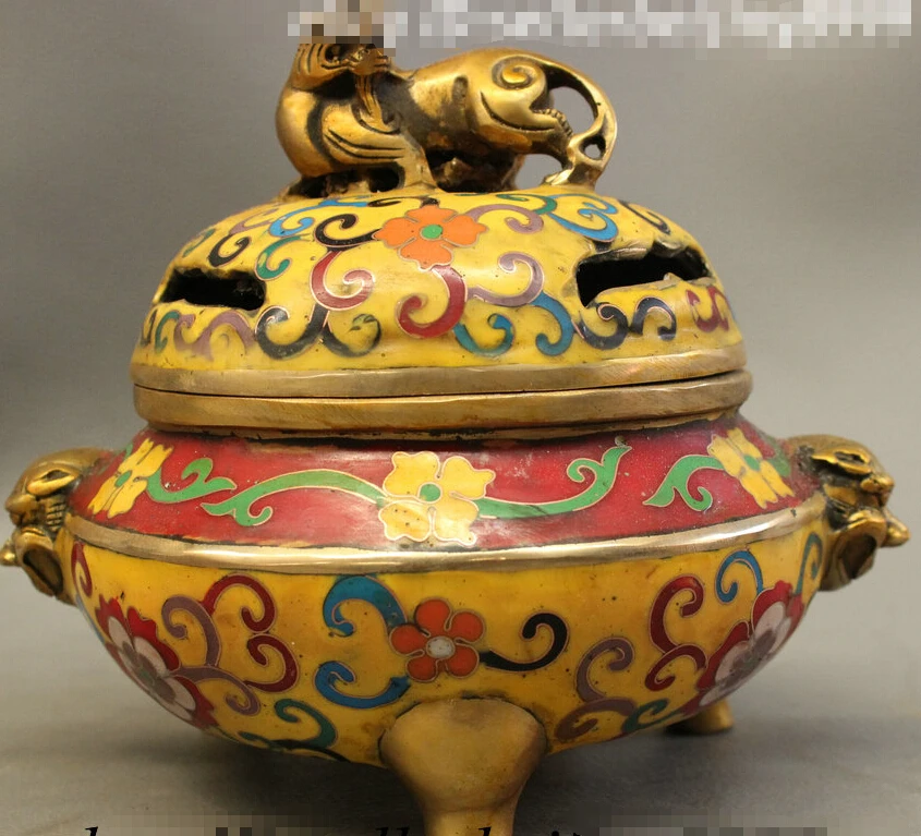 Folk Tibet Cloisonne Enamel Bronze Gilt Beast Lion Statue Incense Burner Censer