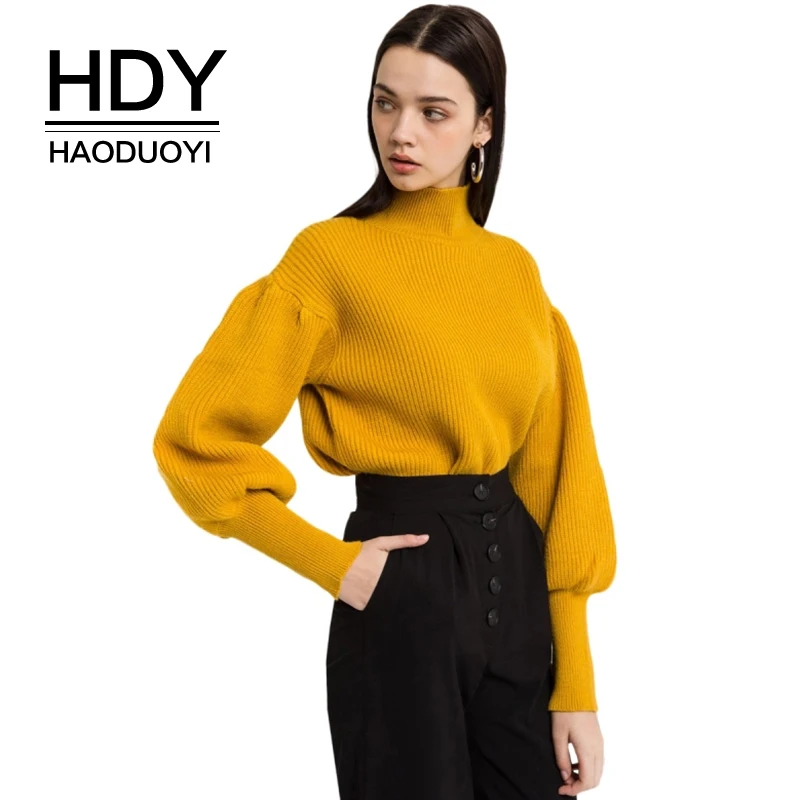 

HDY Haoduoyi Solid Puff Long Sleeve Stand Neck Sweet Pullovers Casual Elegant Brief 2018 New Arrival Tops For Women