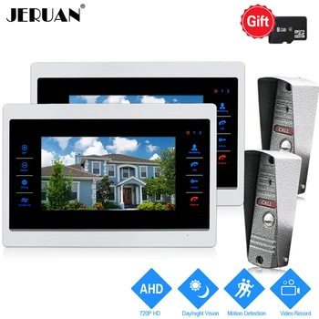 

JERUAN 720P AHD HD Motion Detection 10`` Video Door Phone Unlock Intercom System 2 Record Monitor +2 HD IR Mini 1.0MP Camera 2V2