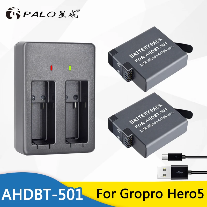 

2Pcs AHDBT-501 AHDBT501 Hero5 Battery Akku+ USB 2-Port Charger with Type C Port for GoPro Hero 5 GoPro Hero 6 Camera Battery