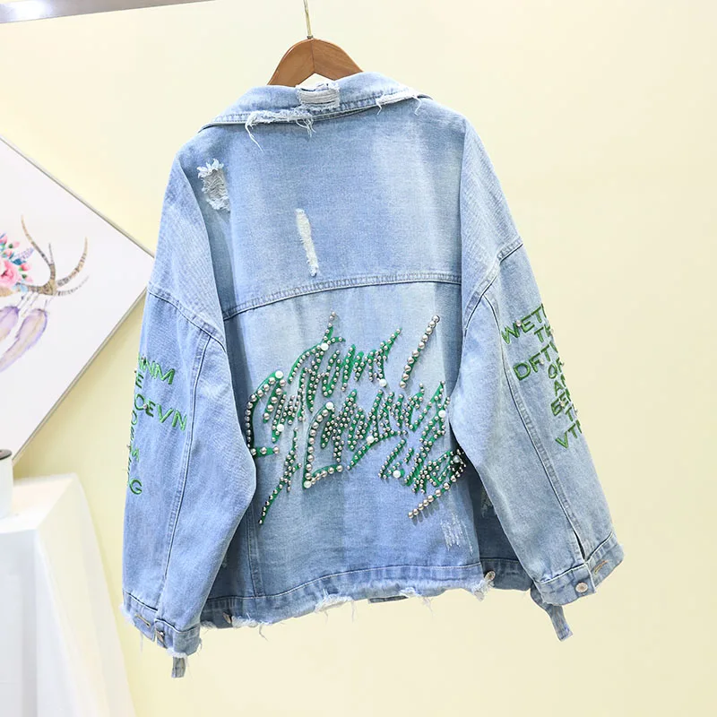 Spring Autumn Beading Letter Embroidery Denim Jacket Women Loose Long sleeve Jeans Jacket Casual Denim Coat Holes Chaqueta Mujer
Spring Autumn Beading Letter Embroidery Denim Jacket Women Loose Long sleeve Jeans Jacket Casual Denim Coat Holes Chaqueta Mujer