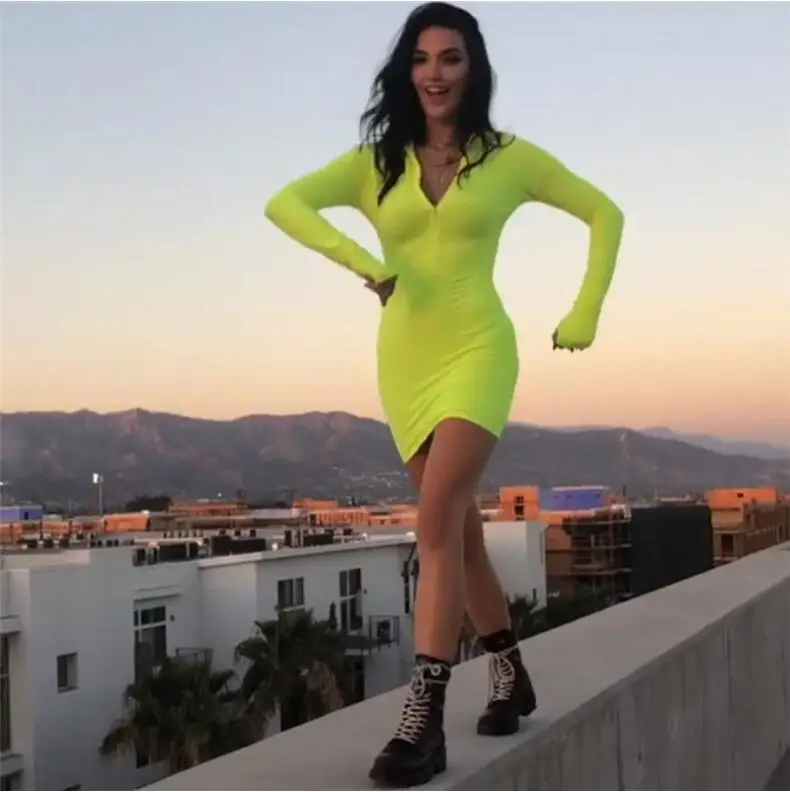 2018 women Fluorescence color solid dress full sleeve with thumb holes zipper fly turtleneck female ladies skinny dresses
2018 women Fluorescence color solid dress full sleeve with thumb holes zipper fly turtleneck female ladies skinny dresses