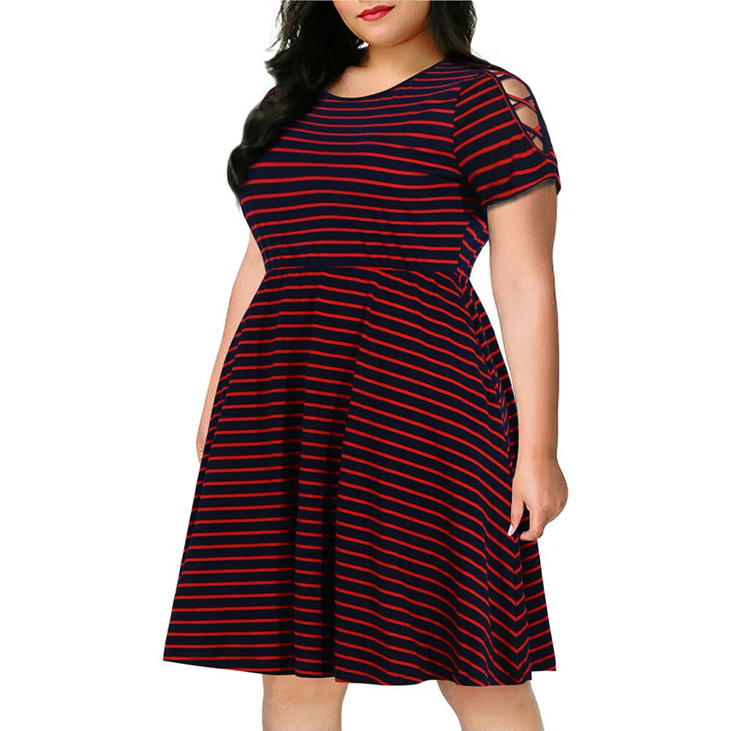 Elegant Plus Size O-Neck Short Sleeve Stripe Mini Casual Dress For Women Summer Fashion Cold Shoulder Sexy Party Sundress z0522
Elegant Plus Size O-Neck Short Sleeve Stripe Mini Casual Dress For Women Summer Fashion Cold Shoulder Sexy Party Sundress z0522
