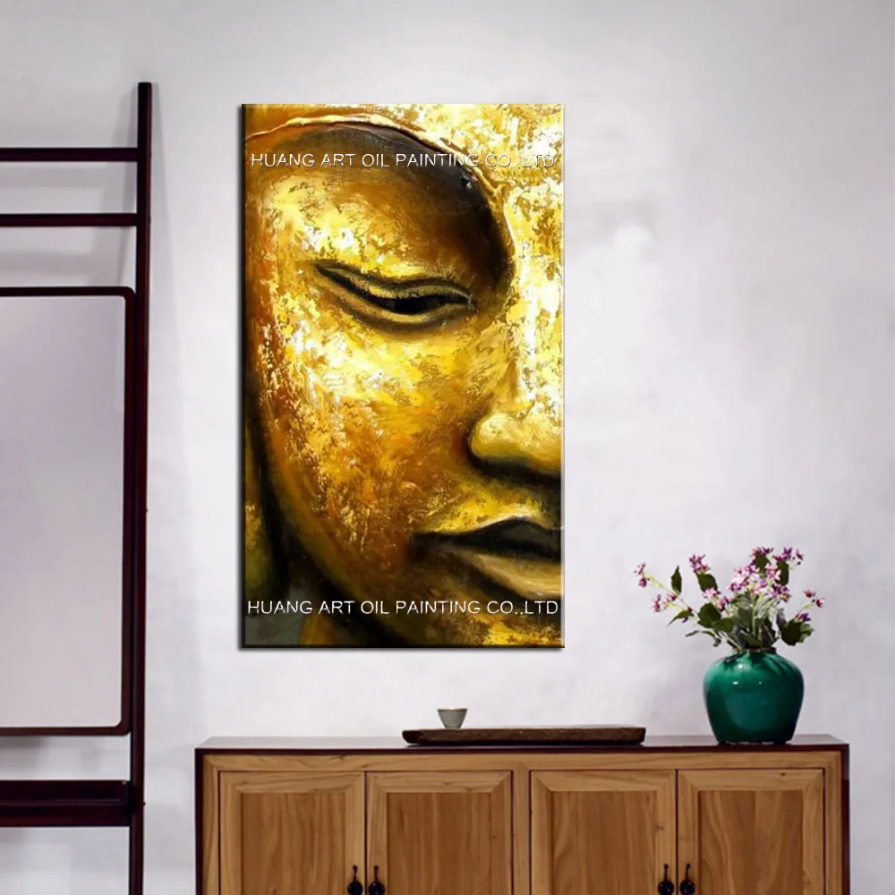 100 Handmade Modern Golden Yellow Buddha Half Face Oil Painting