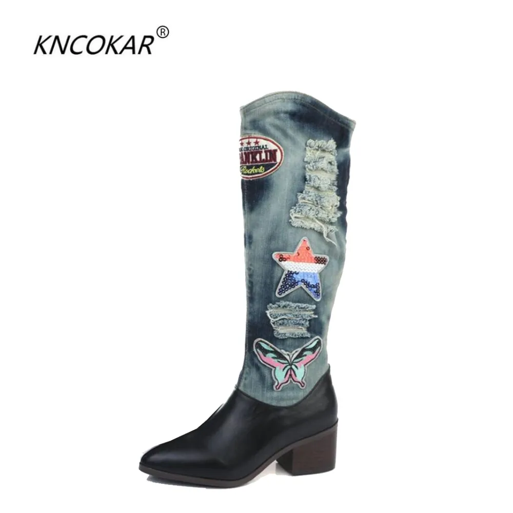 Women Spring Autumn Flats Denim Genuine Leather Buckle Pearl Knee High Boots Lady New Fashion Jean Long Boots
Women Spring Autumn Flats Denim Genuine Leather Buckle Pearl Knee High Boots Lady New Fashion Jean Long Boots