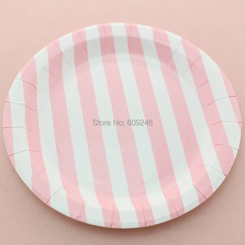 

24pcs 9" Decorative Birthday Wedding Baby Shower Party Pink Striped Round Paper Plates Disposable Paper Dishes Wholesale