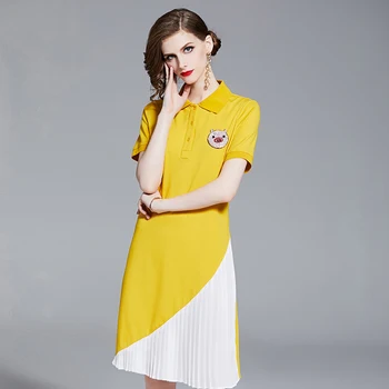 Women's 2019 Spring New Turn-down Collar Short Sleeve Beads Color Stitching Pleated Dress Fashion Casual Streetwear Party Dress
Women's 2019 Spring New Turn-down Collar Short Sleeve Beads Color Stitching Pleated Dress Fashion Casual Streetwear Party Dress