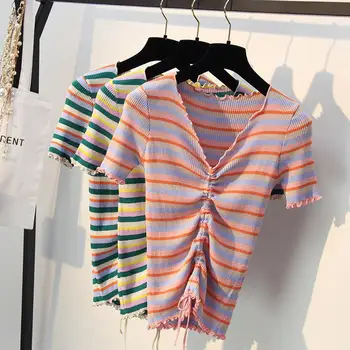 Drawstring Striped Women Knitting Tops 2019 Summer Short Sleeve Sweaters V-neck Pullovers Femme Pull Thin Knitted Shirts Clothes 
Drawstring Striped Women Knitting Tops 2019 Summer Short Sleeve Sweaters V-neck Pullovers Femme Pull Thin Knitted Shirts Clothes