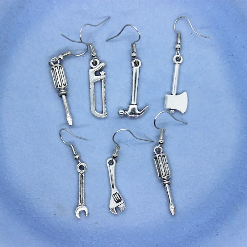 

1 Pair Handmade Retro Style Silver Color Alloy Tool Mini Ax Screwdriver Saw Wrench Hammer Fashion Dangle Earrings For Women