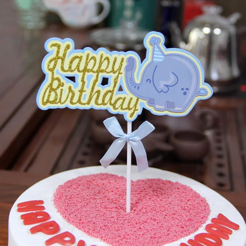 2pcs-Gold-Glitter-Happy-Birthday-Cake-Topper-Elephant-Paper-Cupcake-Topper-For-Kids-Birthday-Party-Cake (2)