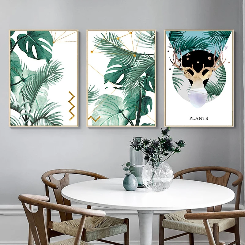 

Nordic Modern Green Plant Leaves Golden Deer Silhouette Canvas Painting Art Poster Leaf Wall Pictures Living Room Background