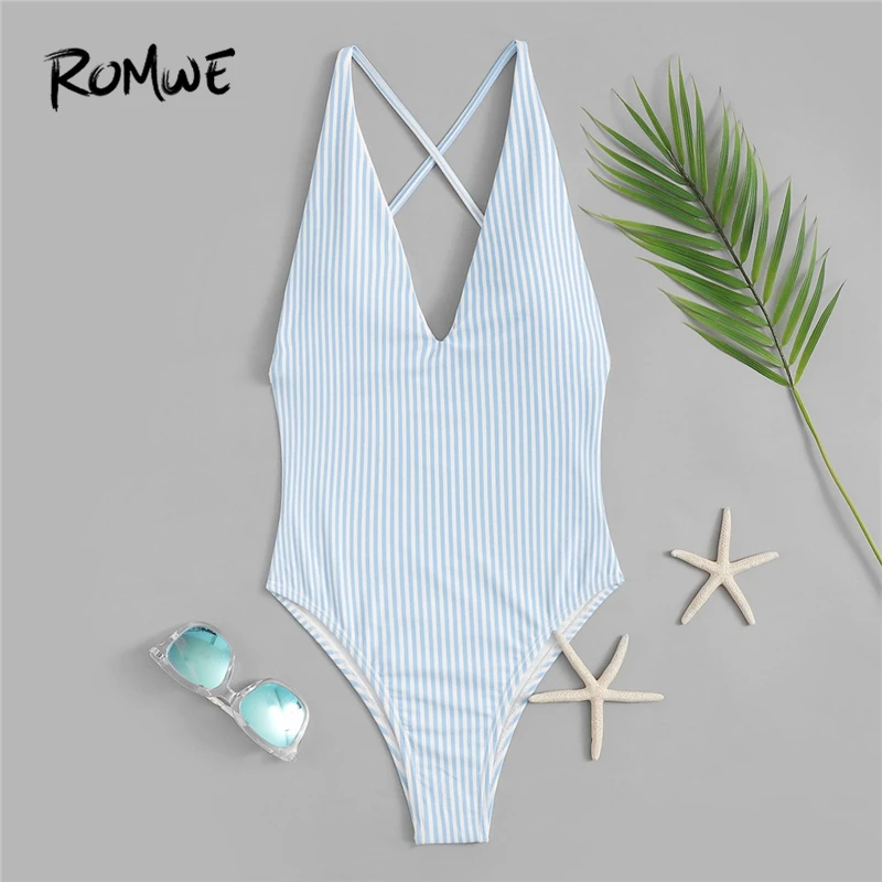 

Romwe Sport Blue Bikinis Set Striped Criss Cross Backless One Piece Swimsuit Women Summer Backless Sexy Monokinis Swimwear