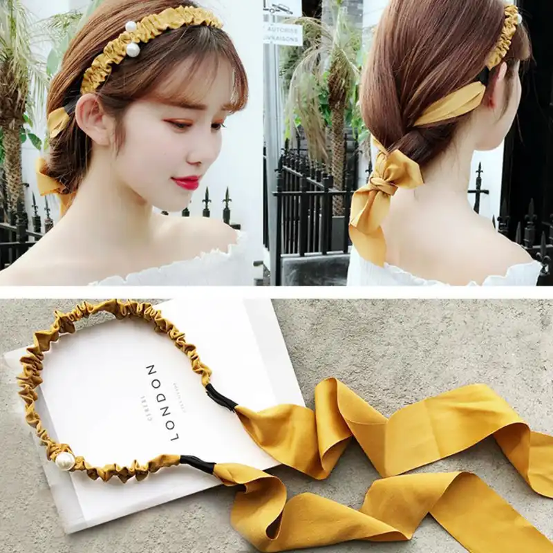 New Simple Ribbon Bowknot Hair Curls Bun Headbands Solid Color Retro Pearls Hair Accessories For Women Hair Band Adult Headdress Women S Hair Accessories Aliexpress